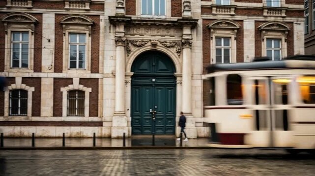 Vintage tram passing old building blurred in motion, beige and brown tones, urban commuting and historic city travel