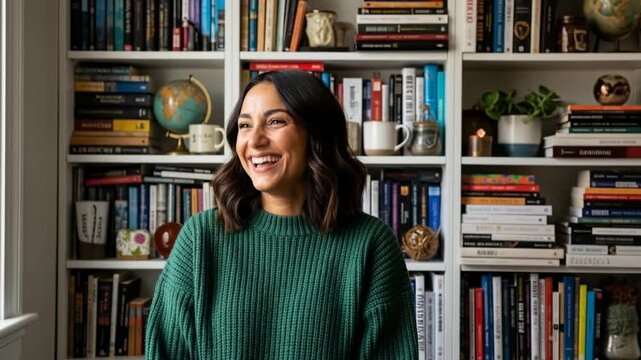 Cheerful young woman laughing heartily against a home library bookshelf background