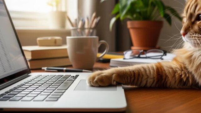 Ginger cat using a laptop touchpad against a sunny home office background