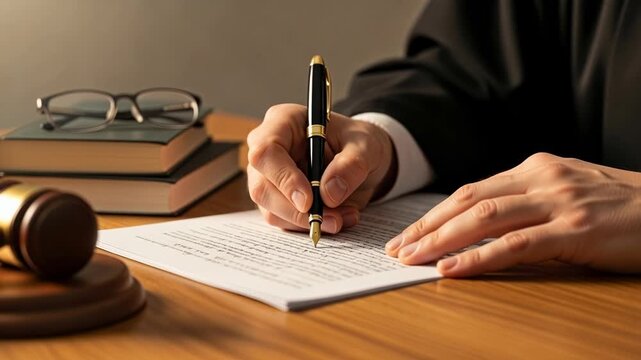 Judge writing legal notes on wooden desk against office background