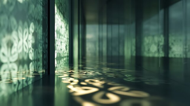 An alluring architectural hallway scene with soft lighting, and shadows dancing across the floor. The hallway is lined with unique wall art with a polished floor