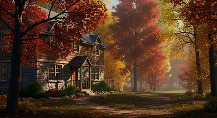 Cozy House Surrounded by Autumn Trees.