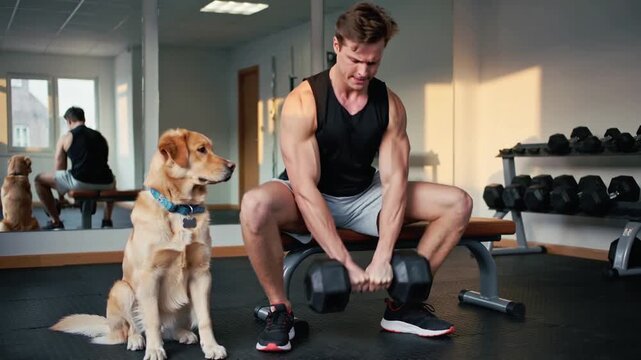 Homme muscl&eacute; s&rsquo;entra&icirc;nant avec halt&egrave;re et son labrador en salle de gym