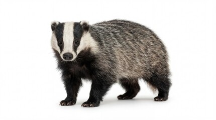 Fototapeta premium A badger stands on a white background, looking directly at the camera with its distinctive white stripes and black fur.