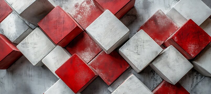 Red and white cubes arranged in a 3D geometric pattern on a textured surface with varied lighting effects
