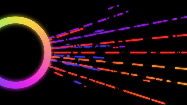 A vibrant, multi-colored circle with pulsing, dashed light rays in red, blue, purple, and orange against a deep black void. Abstract futuristic ambiance