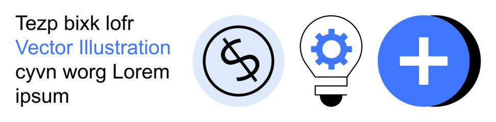 Fototapeta premium Finance, innovation, healthcare, technology, solutions, business management. Circular dollar icon, gear inside lightbulb and blue plus sign symbols. Finance and innovation concept