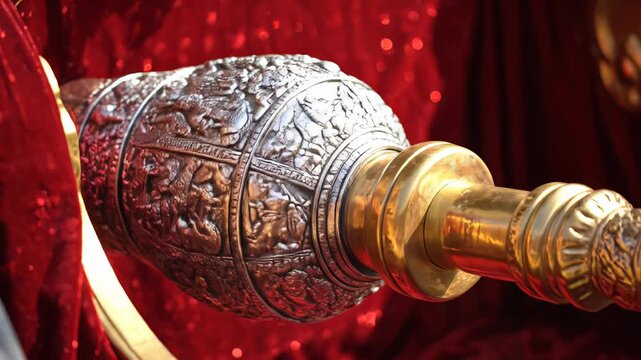 Close Up Of A Detailed Ornate Silver and Gold Ceremonial Mace Or Scepter With Intricate Carvings Resting Against Rich Red Velvet Fabric