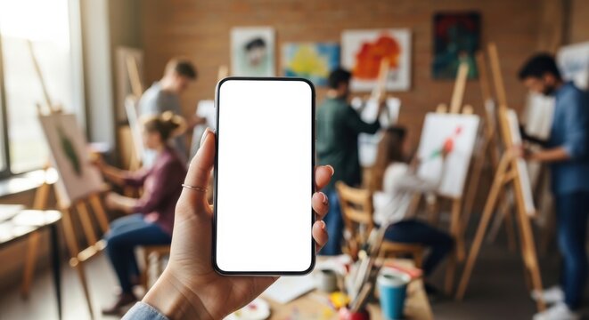 Female hand holding smartphone with blank screen in art studio with painters in background.