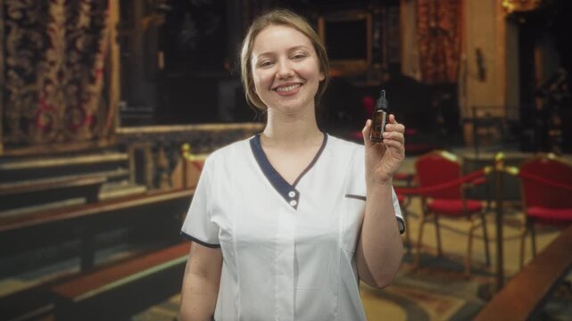 Woman holding a serum bottle and smiling, wearing a white uniform in a theater setting; skincare wellness friendly.