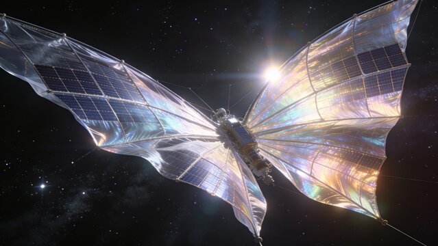 Interstellar iridescent solar sail glowing in deep space with shimmering cosmic textures