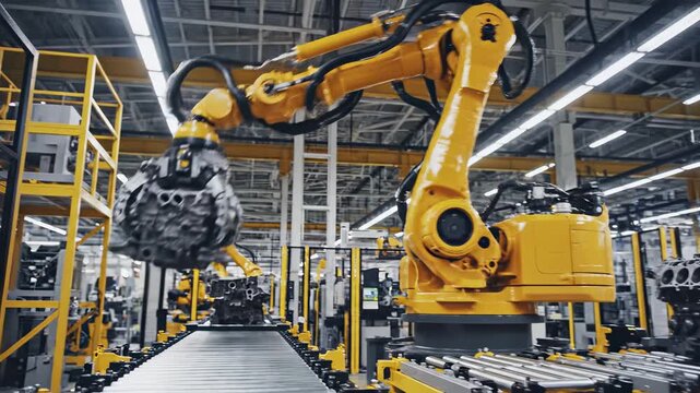 Robotic arm efficiently lifts engine block in a high-tech manufacturing facility, showcasing automation and precision in action, camera pans and zooms