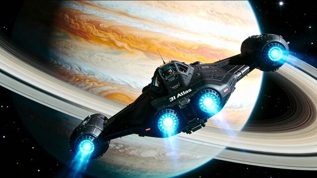 3I Atlas spacecraft close-up with glowing blue thrusters near gas giant rings