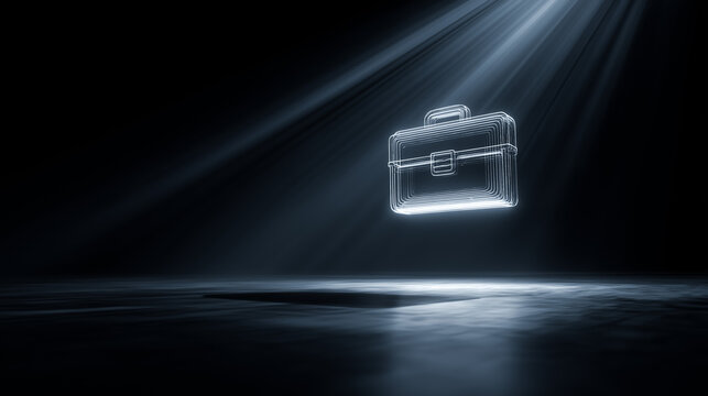 Futuristic professional scene of a digital briefcase icon materializing in light beams symbolizing career, business and corporate opportunity