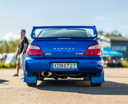 Gothenburg, Sweden - september 07 2025: Rear view of blue Subaru WRX STI with spoiler.