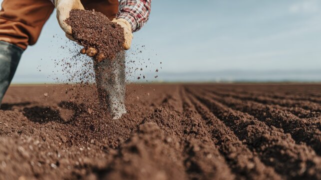 Farmer sifting rich soil in plowed field on a sunny day