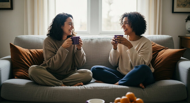 Cozy Conversation with a Warm Beverage: Two friends share intimate moments, sipping from warm mugs, seated on a comfortable sofa, surrounded by natural light, in a scene of serene companionship.