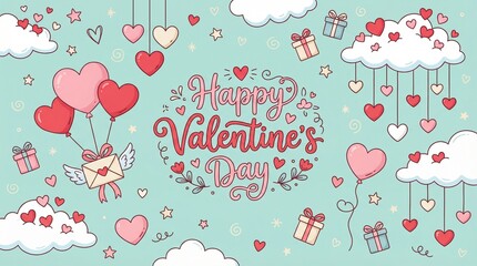 Whimsical Love-Themed Illustration with Floating Hearts and Gifts