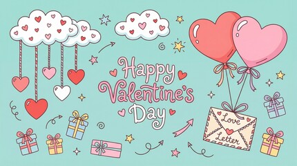 Whimsical Love-Themed Illustration with Floating Hearts and Gifts