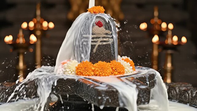 Sacred Stone Lingam Statue Adorned with Marigold Flowers Underneath a Gentle Milk Bath Ritual in a Temple with Traditional Oil Lamps Illuminated in Soft Golden Light Creating a Peaceful Spiritual