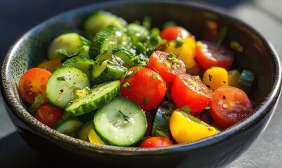 Bowl of fresh vegetables including cucumbers, cherry tomatoes, and bell peppers, vibrant colors and natural lighting emphasizing health and freshness