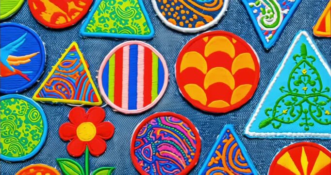 Vibrant handmade plasticine patches with geometric and nature designs on blue denim fabric