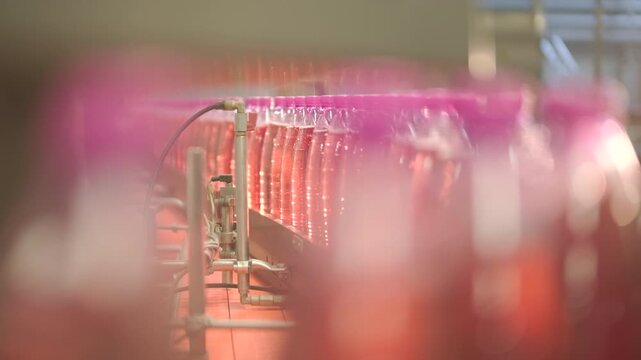 Automated conveyor belt moving rows of plastic bottles with carbonated soft drink at beverage factory