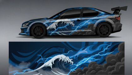 Blue sports car with a dynamic storm-themed wrap featuring a powerful white wave and striking blue lightning bolts against dark clouds. © DB stock