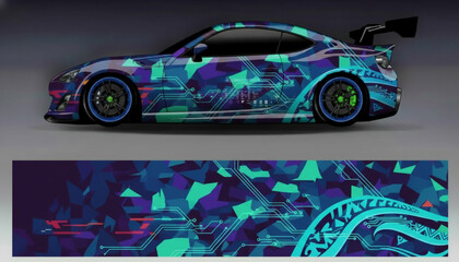 Custom wrapped sports car featuring a vibrant futuristic geometric and circuit board design in shades of purple, blue, and teal. © DB stock