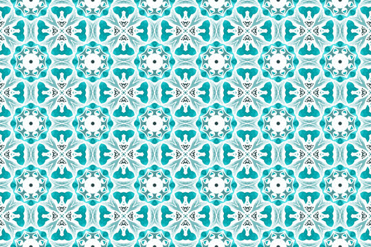 Seamless watercolor ethnic pattern mediterranean tile ornaments Turquoise Arabesque Mandala Moroccan tiles geometric abstract shapes isolated on white background. Watercolor hand drawn botanic ske