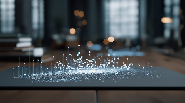 High-end close-up of a holographic scatter plot floating above a surface representing advanced data analysis and business analytics