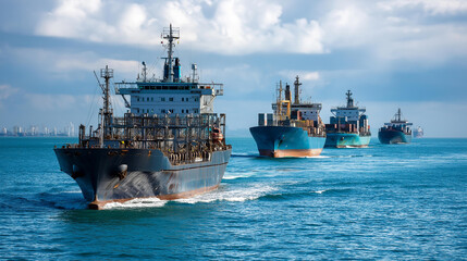 Many cargo ships sailing on sea, maritime transport, ocean vessels, shipping industry, international freight, defocused background, with copy space