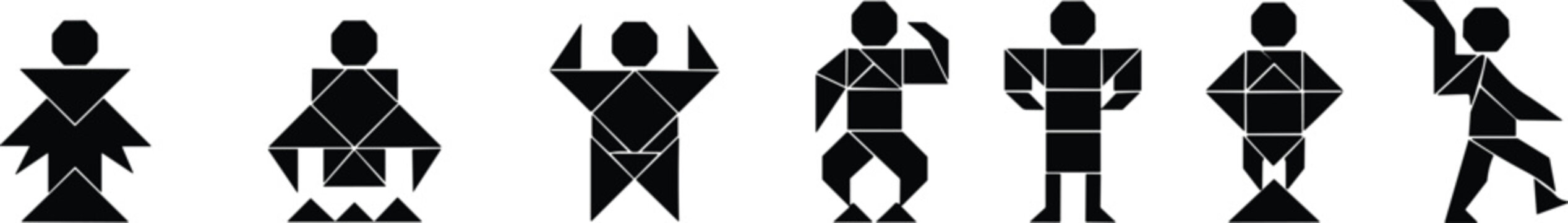 Tangram human figures illustration with geometric shapes, posture and action symbols, educational design, creative spatial reasoning vector graphic artwork