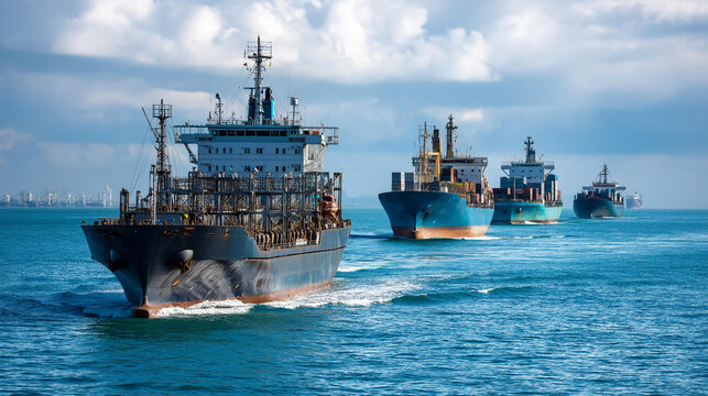 Many cargo ships sailing on sea, maritime transport, ocean vessels, shipping industry, international freight, defocused background, with copy space