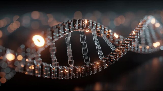 Explore a DNA Double Helix With Glowing Details in a Close-Up View Highlighting Structure and Complexity at Night in a Lab Setting
