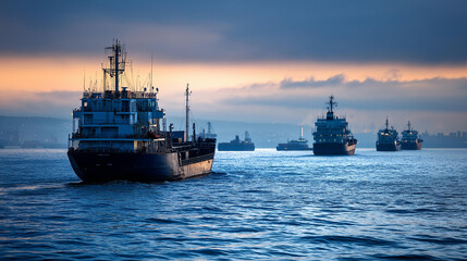 Obraz premium Many cargo ships sailing on sea, maritime vessels, ocean transport, shipping operations, international trade, defocused water, with copy space