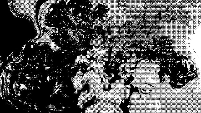 A black and white abstract image with a grid pattern in the premium halftone color wave background and a dark, wavy shape in the foreground.