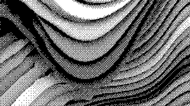 A black and white abstract halftone color wave image featuring wavy lines and patterns.