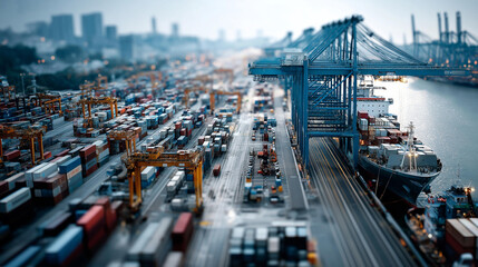 Overcrowded port symbolizing supply chain delays, congested port with numerous docked ships, cranes and stacked containers, logistics bottleneck, defocused background, with copy