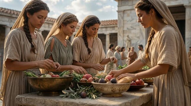 Cinematic recreation of ancient Greek daily life during food preparation