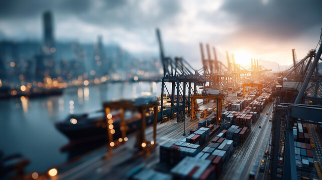 Overcrowded port symbolizing supply chain delays, congested port with numerous docked ships, cranes and stacked containers, logistics bottleneck, defocused background, with copy