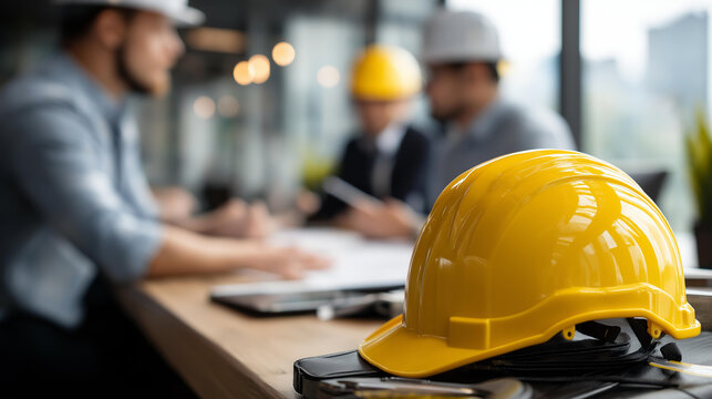 Close-up of yellow safety helmet with defocused engineer teams meeting at table in office background, blurred planning session, construction management, with copy space