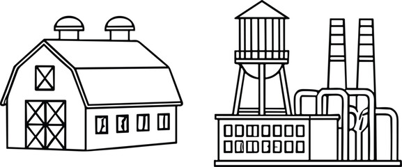 Obraz premium Barn and industrial factory with smokestacks farm building industrial plant