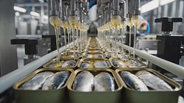 Automated Canning Line Filling Tins with Fresh Fish and Oil in Food Production Facility