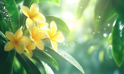 Fototapeta premium Close-up of vibrant yellow plumeria flowers with glossy green leaves, softly illuminated by diffused sunlight against a tropical backdrop