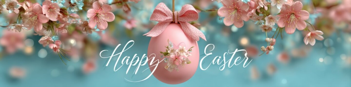 Pink Easter egg with bow hanging among spring blossoms on pastel background, fest holiday greeting.