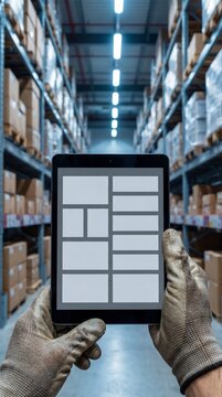 Tablet inventory check in warehouse with generic checklist blocks, vertical stock management