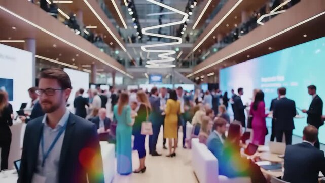 Business conference attendees networking in modern exhibition hall. Corporate event with crowd at trade show venue. Professional gathering and at convention center with contemporary architecture.