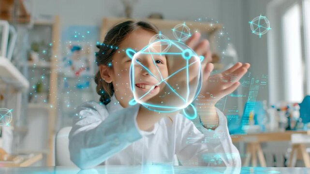 Young girl engaging with interactive holograms in a futuristic classroom setting