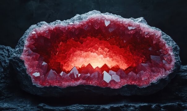 Cross-section of a vivid red geode with intricate crystal details and a glowing core, placed on a textured black surface